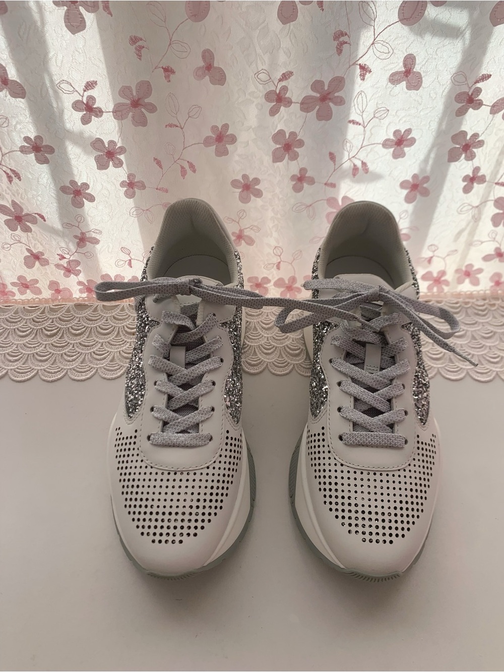 Jimmy Choo Raine White Silver Glitter Chunky Sneakers